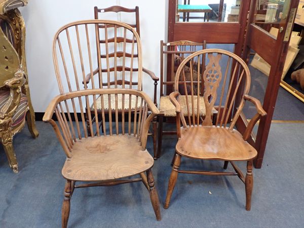 AN ELM, ASH, AND FRUITWOOD WINDSOR WHEELBACK ARMCHAIR, A HOOP-BACK ARMCHAIR