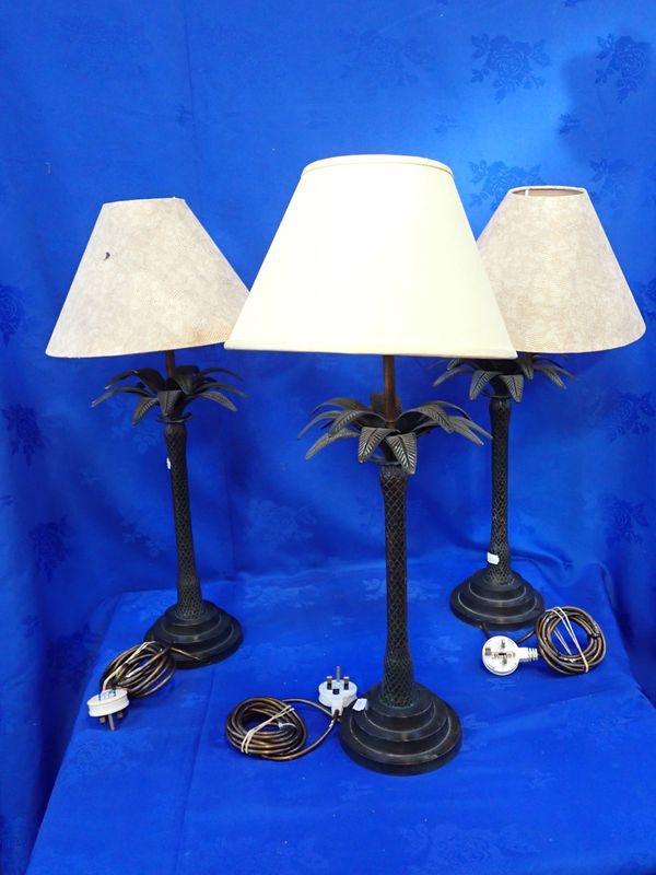 THREE PATINATED BRASS PALM TREE TABLE LAMPS