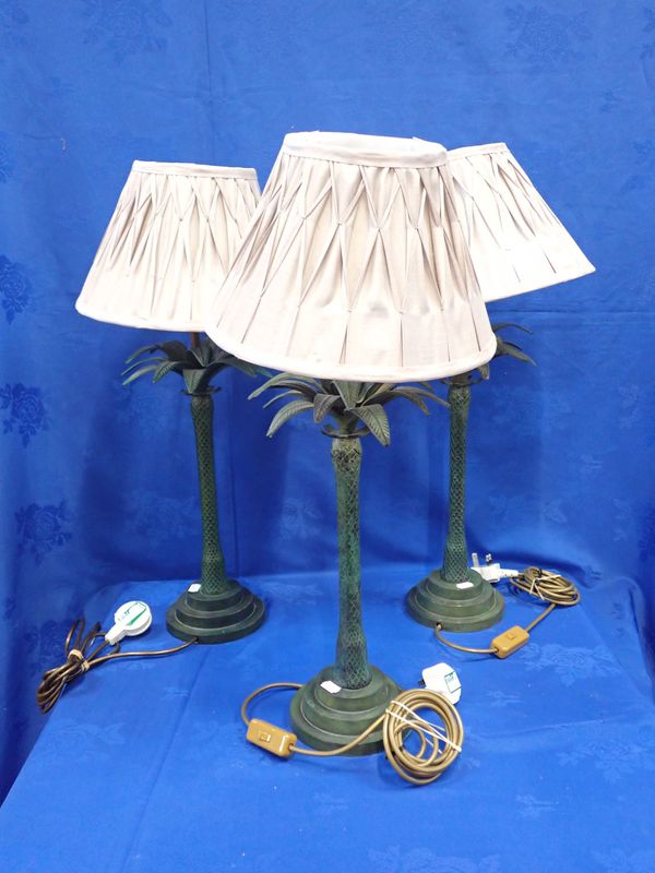 THREE PATINATED BRASS PALM TREE TABLE LAMPS