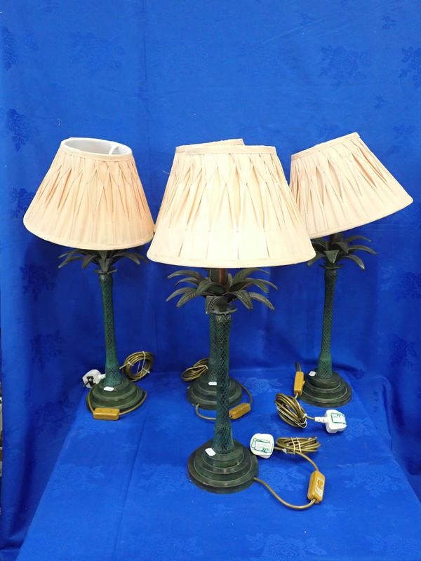 FOUR PATINATED BRASS PALM TREE TABLE LAMPS