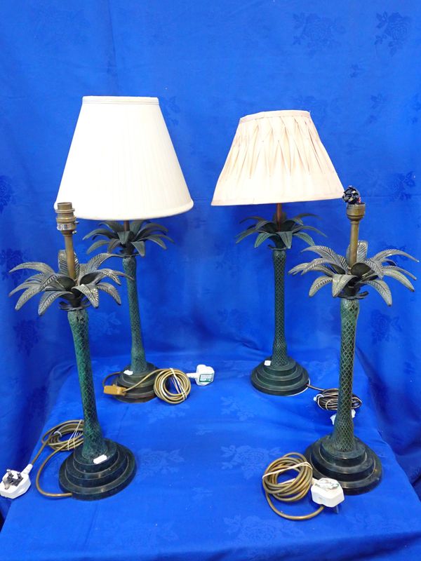 FOUR PATINATED BRASS PALM TREE TABLE LAMPS