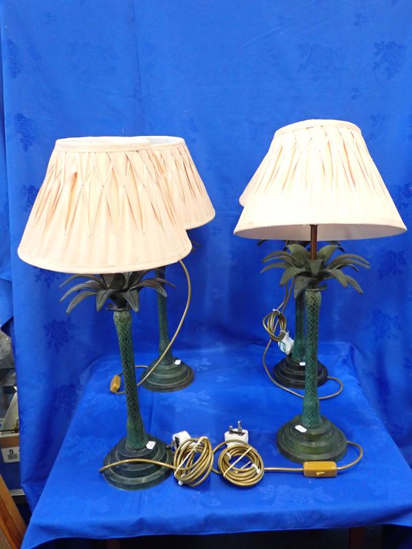 FOUR PATINATED BRASS PALM TREE TABLE LAMPS