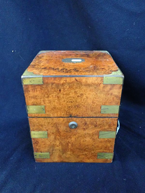 A 19TH CENTURY WALNUT BRASS BOUND BOX WITH BRAMAH LOCK (NO KEY)