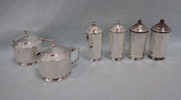 SILVER ART DECO CRUETS AND MUSTARD POTS