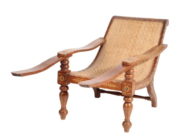 A VICTORIAN TEAK, SATINWOOD AND BOXWOOD INLAID PLANTATION CHAIR