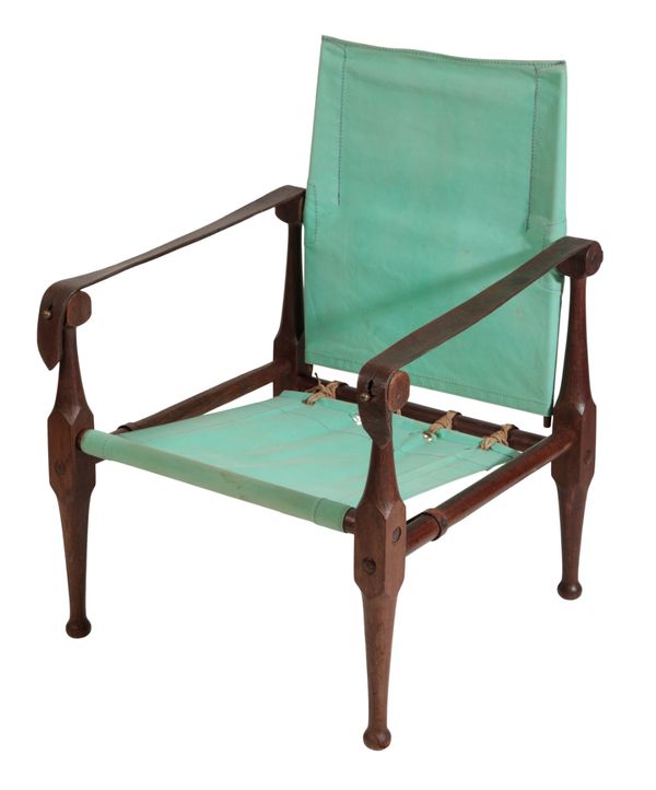 A CANVAS, TEAK AND LEATHER CAMPAIGN ARM CHAIR