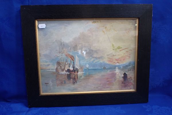 A COPY OF TURNER'S 'FIGHTING TEMERAIRE', OIL ON BOARD