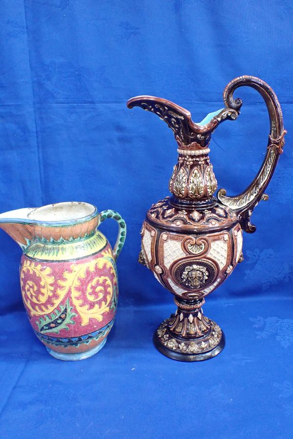 A CONTINENTAL MAJOLICA EWER