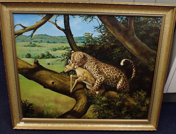 M. LEIGHTON, OIL ON CANVAS, LEOPORD IN TREE