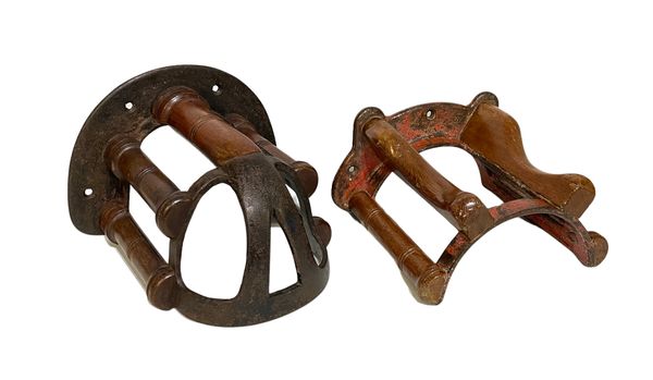 MUSGRAVE OF BELFAST AND LONDON: TWO CAST IRON AND WOODEN HARNESS RACKS