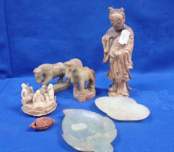 TWO JADE DISHES WITH AN IVORY BUDDIST SCENE IN A LOTUS LEAF