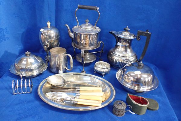 A SILVER-PLATED KETTLE ON STAND, A SIMILAR EGG CODDLER