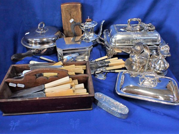 A MAHOGANY CUTLERY TRAY, SILVER-PLATED BISCUIT BOX