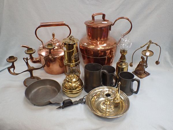 A BRASS MINER'S LAMP BY W. E. TEALE & Co., A COPPER KETTLE