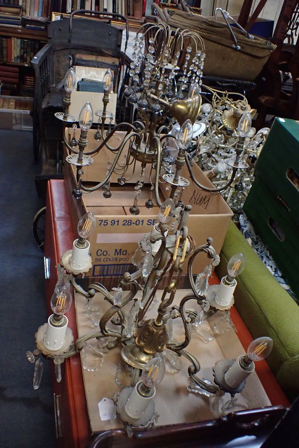 A CONTEMPORARY METAL AND CUT-GLASS SIX-BRANCH CHANDELIER