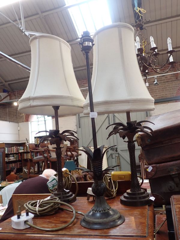 THREE PATINATED BRASS PALM TREE TABLE LAMPS