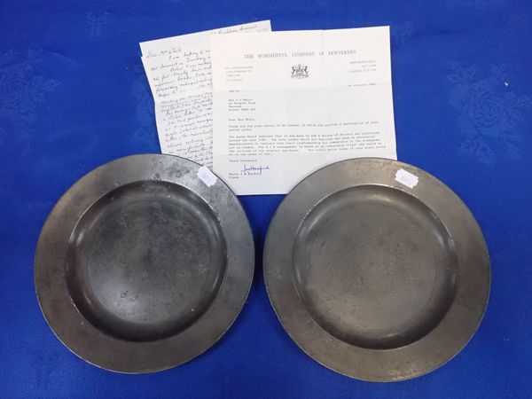 TWO MARKED 18TH CENTURY PEWTER PLATES