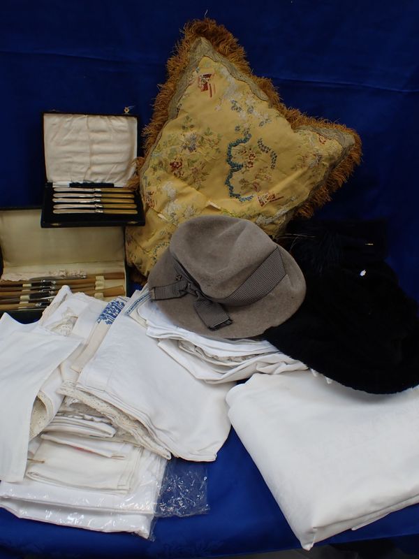 A QUANTITY OF LINENS, LADIES HATS, CASED CUTLERY