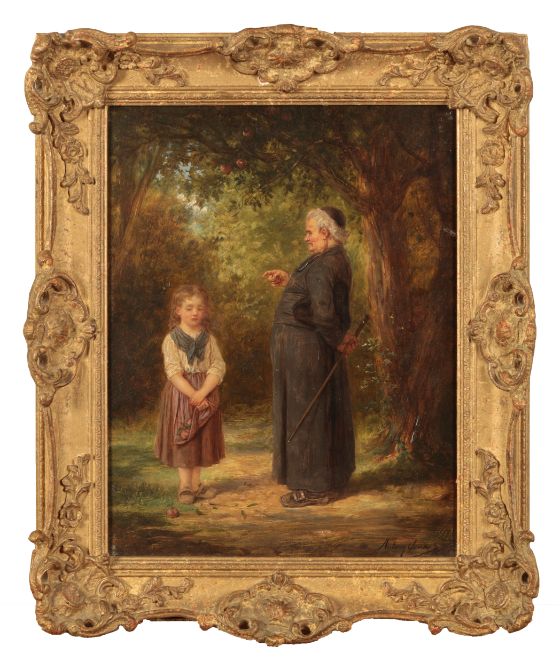 ANTONY SERRES (1828-1898) A Clergyman admonishing a young girl picking apples