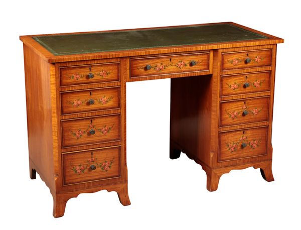 AN EDWARDIAN SATINWOOD PEDESTAL DESK