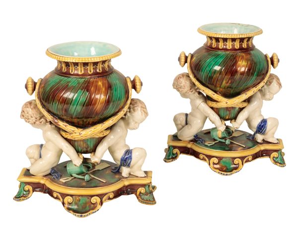 A PAIR OF WEDGWOOD MAJOLICA TRENTHAM VASES