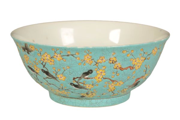 A TURQUOISE-GROUND FLOWERS & BIRDS BOWL