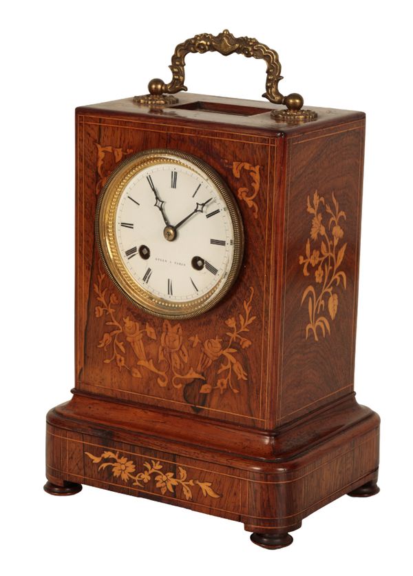 A LATE 19TH CENTURY ROSEWOOD MARQUETRY MANTEL CLOCK