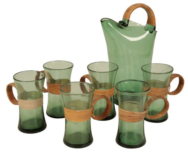 A SET OF SIX GREEN GLASS MUGS