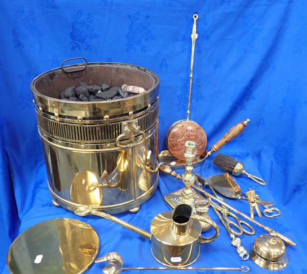 A BRASS COAL BUCKET WITH BRASS FIRE TOOLS