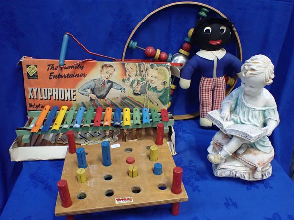 A VINTAGE 'CODEG' TOY XYLOPHONE, A CLOTH GOLLY