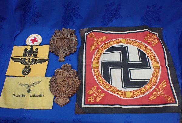 A NAZI STYLE FLAG, TWO ARMBANDS