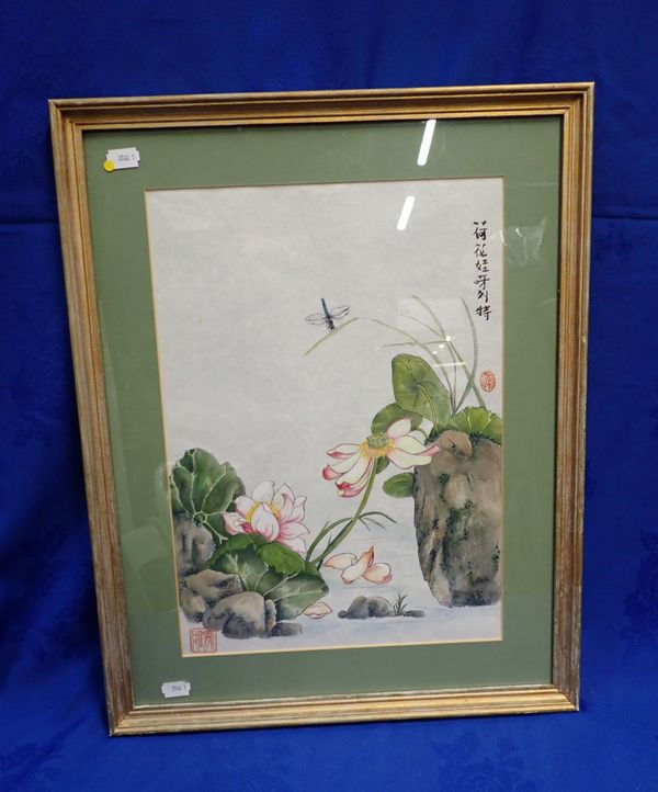 A CHINESE PRINT OF WATERLILIES AND A DRAGONFLY