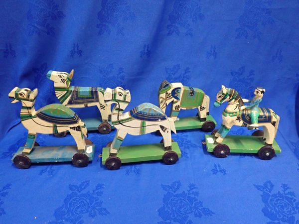 FIVE PAINTED WOODEN TOY PULL-ALONG ANIMALS