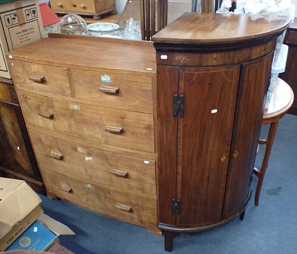 A HARDWOOD BOW FRONTED TWO PART CHEST OF DRAWERS