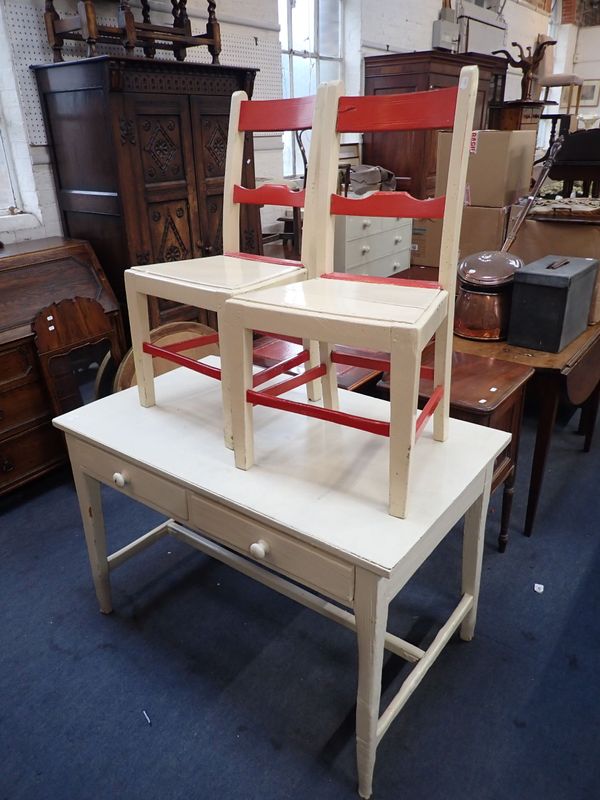 A 19TH CENTURY KITCHEN TABLE WITH TWO DRAWERS