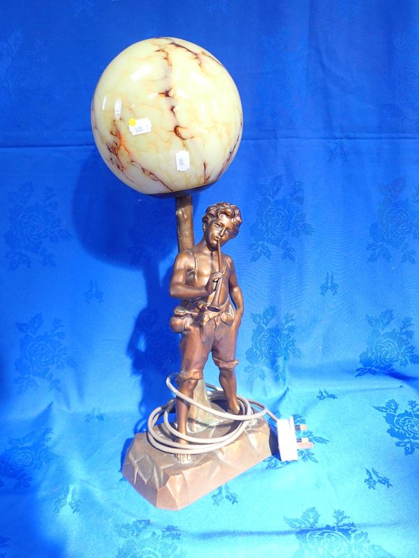 A SPELTER FIGURAL LAMP WITH A GLASS GLOBE SHADE