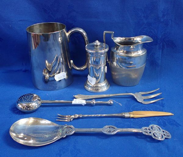 A SILVER PLATED TANKARD WITH OTHER PLATED ITEMS