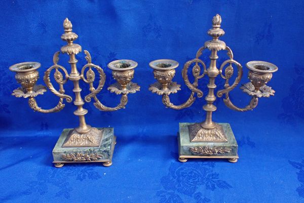 A PAIR OF NEOCLASSICAL GILT METAL AND MARBLE CANDELABRA