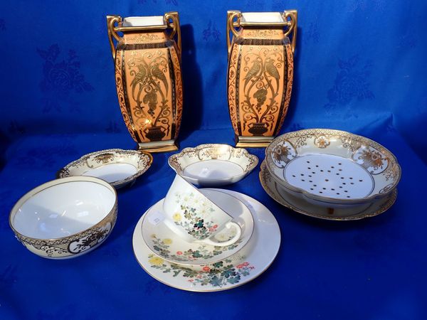 A PAIR OF NORITAKE GILDED VASES DECORATED WITH BIRDS