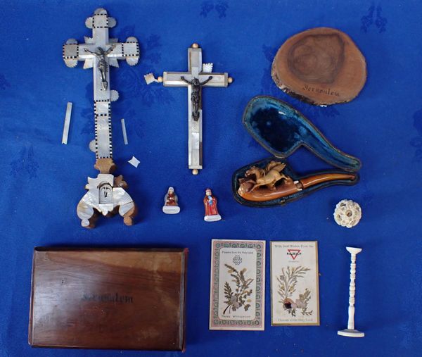 AN OLIVEWOOD AND MOTHER-OF-PEARL TABLE CRUCIFIX