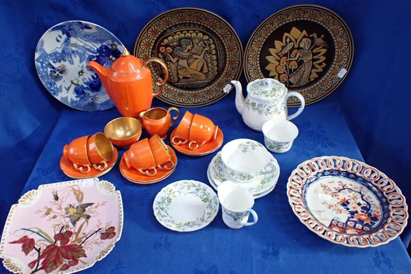 A CROWN DEVON ORANGE AND GILT COFFEE SET, A FEW PIECES OF SHELLEY