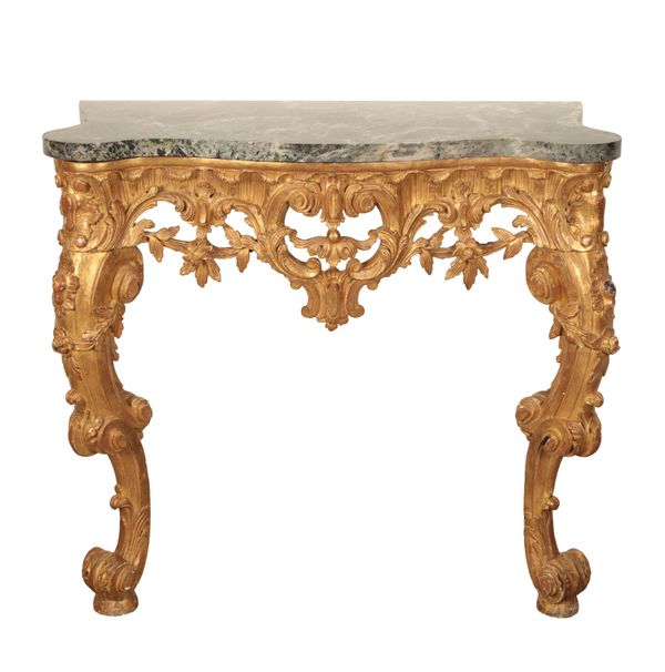 A LOUIS XV STYLE GILDED MAHOGANY CONSOLE TABLE,