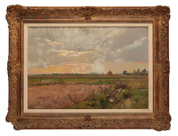 ERNEST-AUGUSTE LE VILLAIN (1834-1916)  'Coucher de soleil sur la prairie'