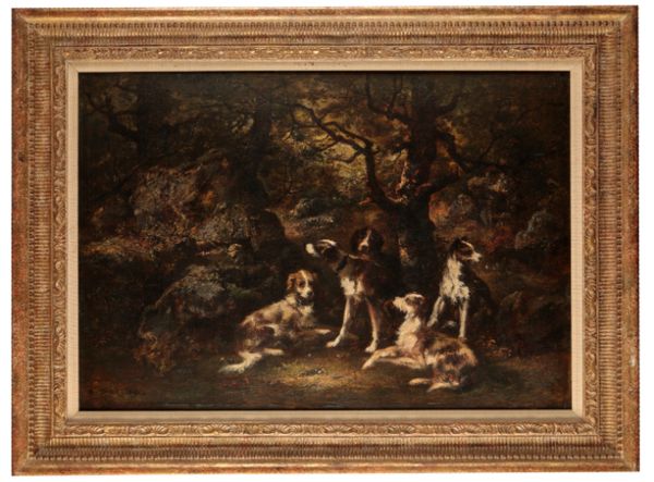 NARCISSE VIRGILE DIAZ DE LA PENA (1808-1876)  Pack of dogs in the Forest of Fontainbleau