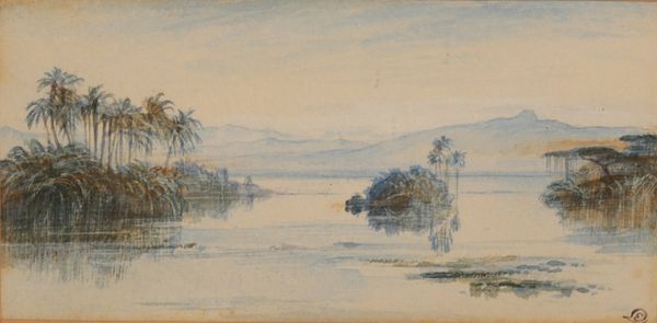 EDWARD LEAR (1812-1888) Indian river landscape with palm trees and hills to the distance, probably Malabar