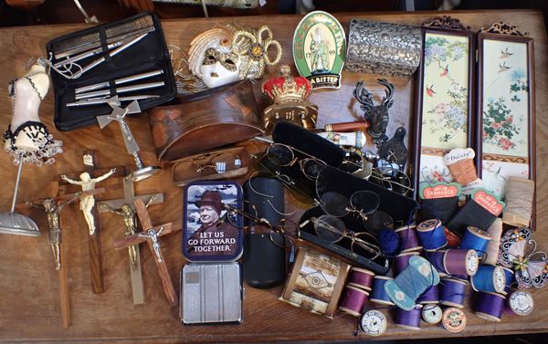 A COLLECTION OF VINTAGE SPECTACLES, A 1952 CORONATION MONEYBOX