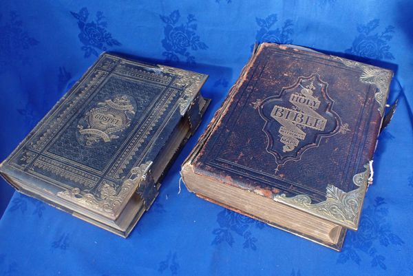 TWO VICTORIAN FAMILY BIBLES WITH GILT CLASPS