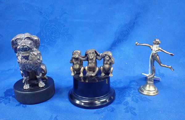 A 'THREE WISE MONKEYS' BRASS MOTORCAR MASCOT