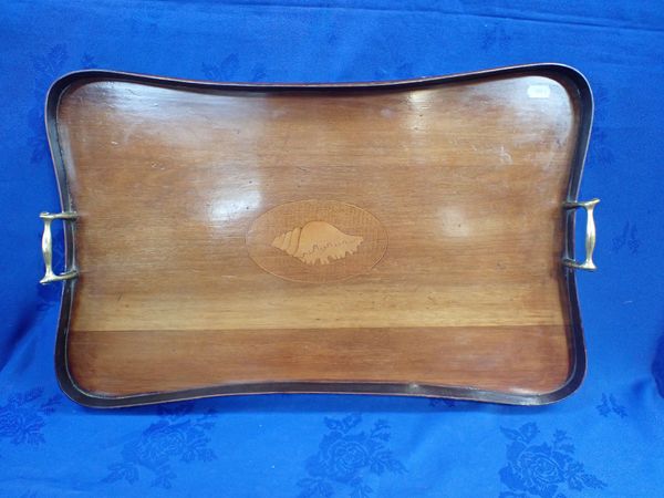 AN EDWARDIAN MAHOGANY TRAY WITH SHELL MARQUETRY CENTRE