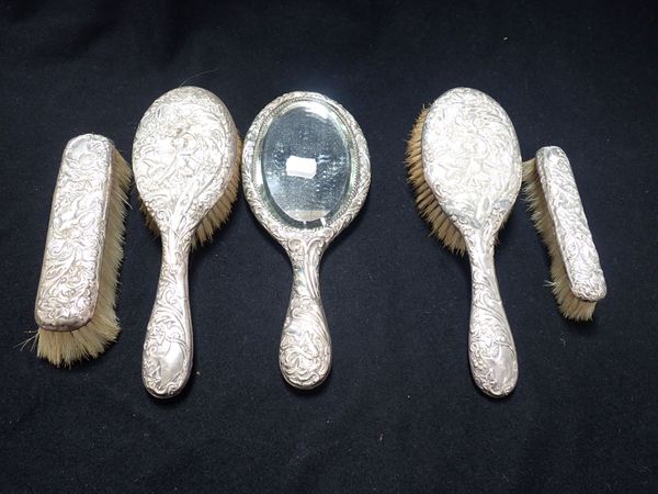 A SILVER MOUNTED DRESSING TABLE SET